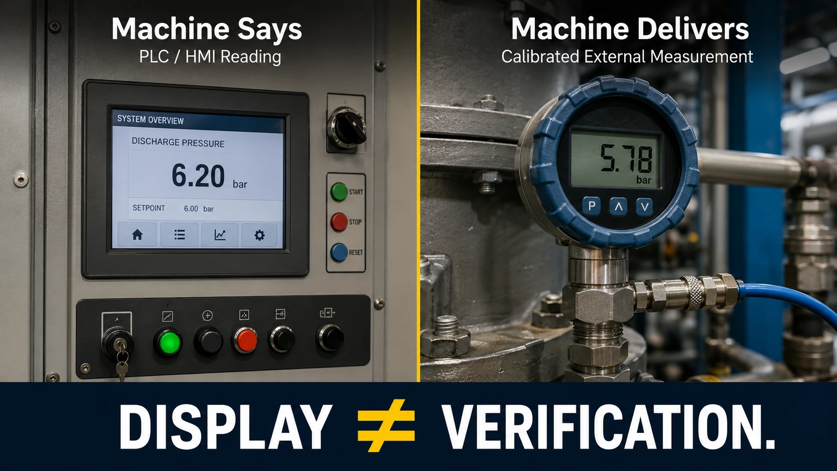 Comparison between an air compressor PLC pressure display and an independent calibrated pressure measurement