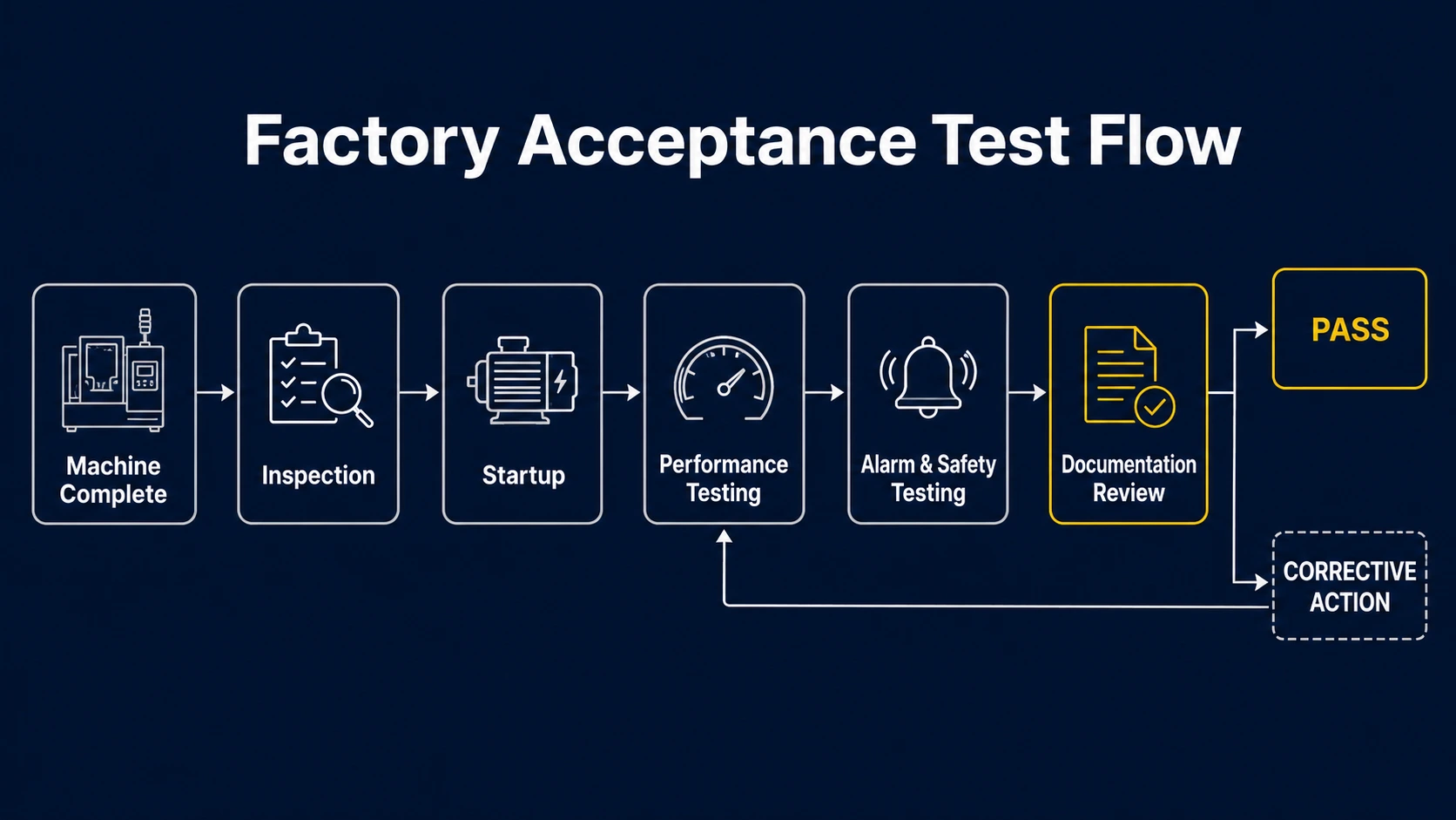 Industrial machinery Factory Acceptance Test workflow from equipment identity and functional checks to performance testing and release