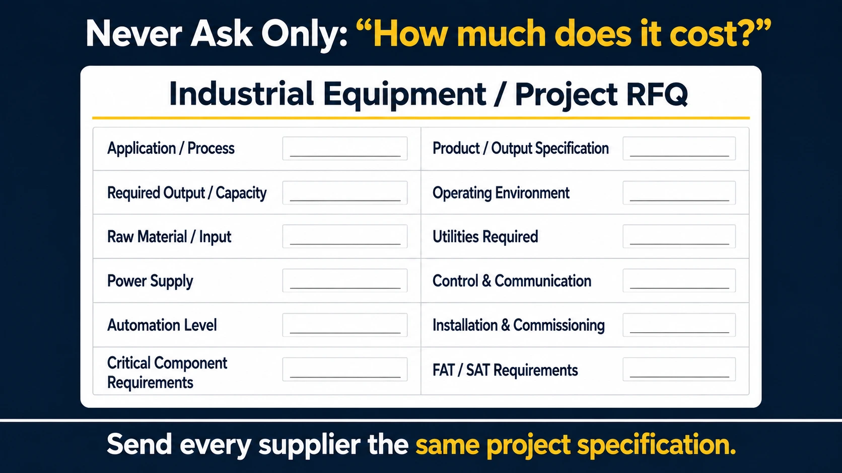 Industrial machinery RFQ template covering process requirements, performance, electrical supply, components and acceptance criteria