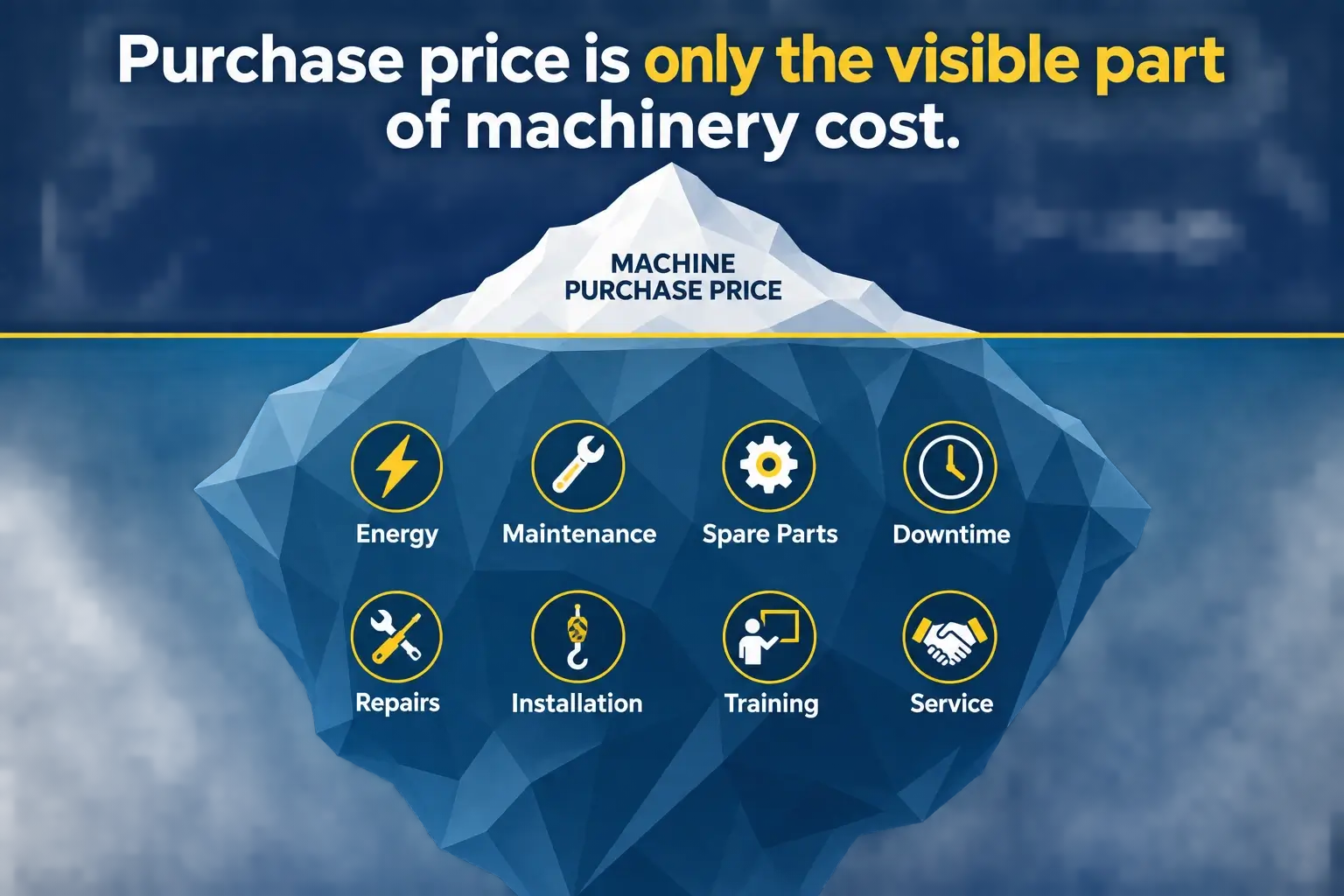 Total cost of ownership iceberg showing machinery purchase price above energy, maintenance, spare parts, repairs and downtime costs